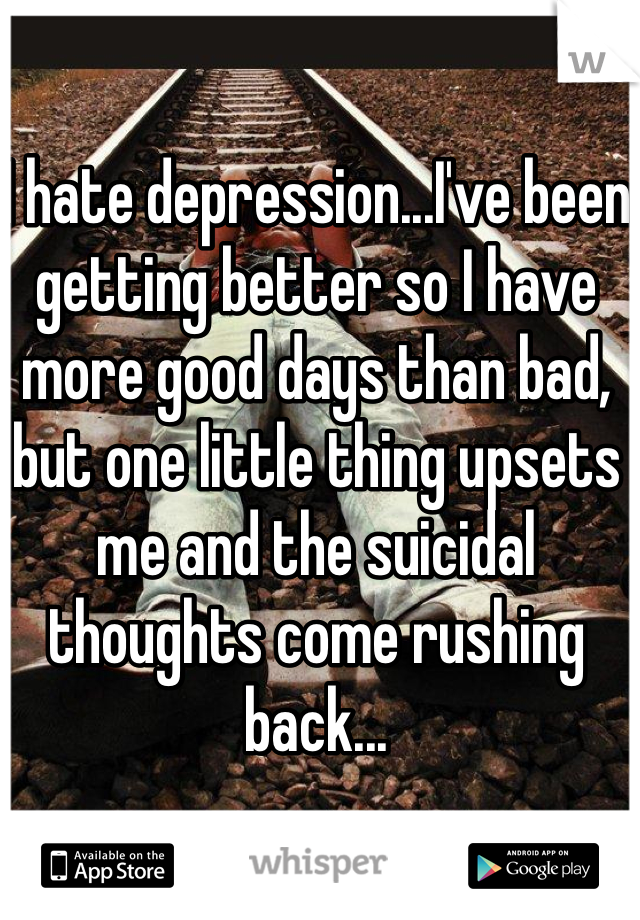 I hate depression...I've been getting better so I have more good days than bad, but one little thing upsets me and the suicidal thoughts come rushing back...