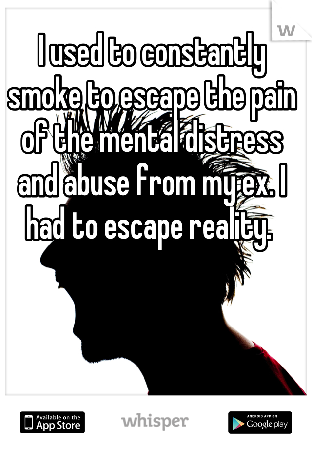 I used to constantly smoke to escape the pain of the mental distress and abuse from my ex. I had to escape reality. 