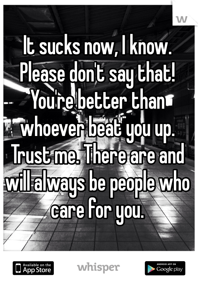 It sucks now, I know. Please don't say that! You're better than whoever beat you up. Trust me. There are and will always be people who care for you. 