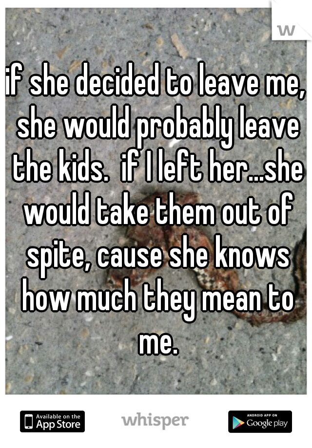 if she decided to leave me, she would probably leave the kids.  if I left her...she would take them out of spite, cause she knows how much they mean to me.