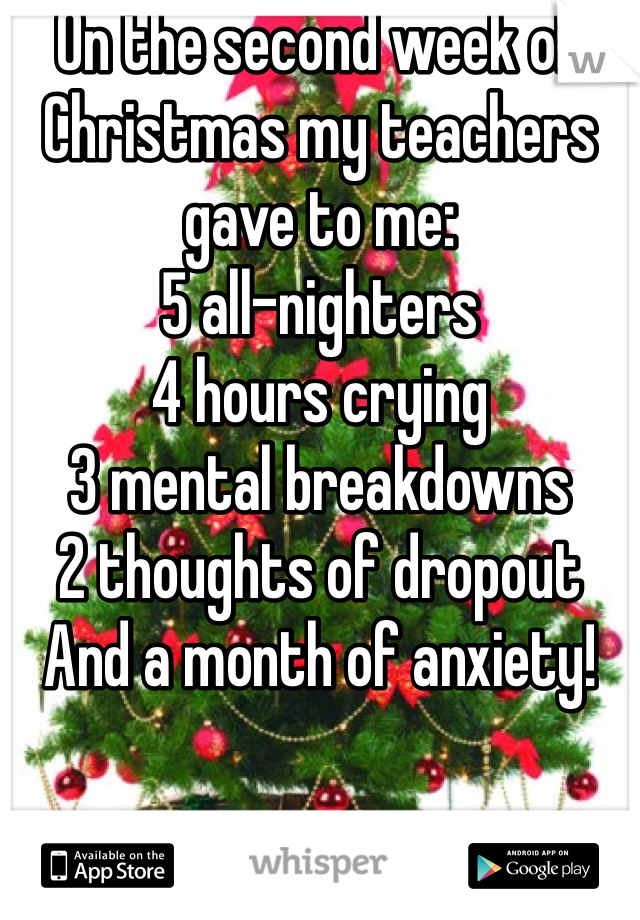 On the second week of Christmas my teachers gave to me:
5 all-nighters
4 hours crying
3 mental breakdowns
2 thoughts of dropout 
And a month of anxiety!
