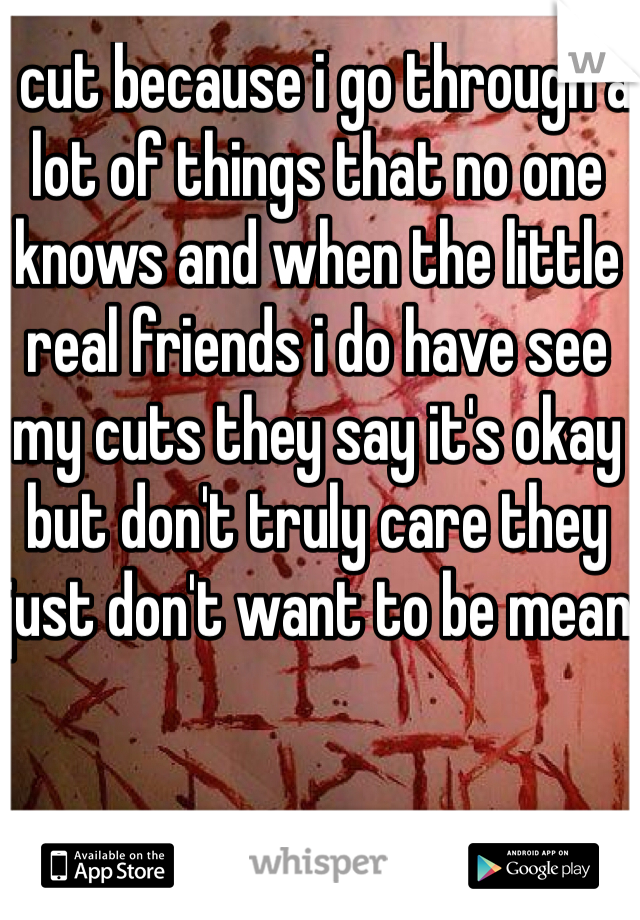 I cut because i go through a lot of things that no one knows and when the little real friends i do have see my cuts they say it's okay but don't truly care they just don't want to be mean 