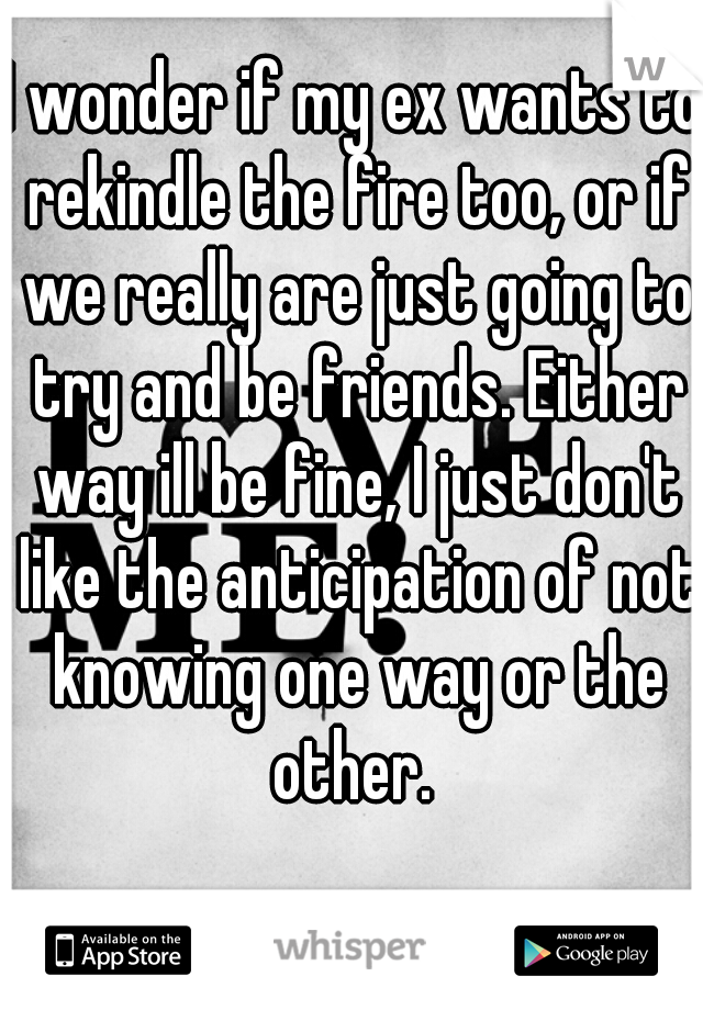 I wonder if my ex wants to rekindle the fire too, or if we really are just going to try and be friends. Either way ill be fine, I just don't like the anticipation of not knowing one way or the other. 