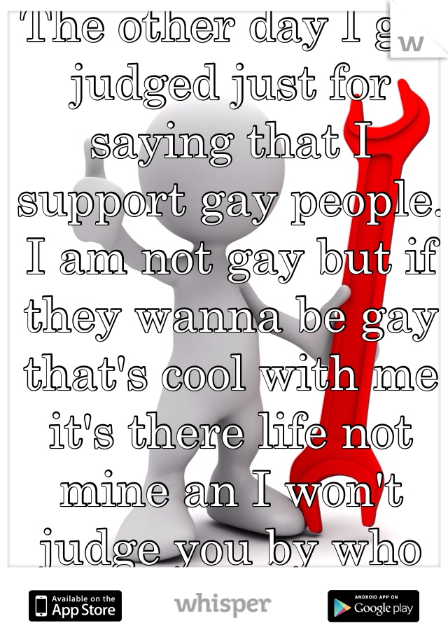 The other day I got judged just for saying that I support gay people. I am not gay but if they wanna be gay that's cool with me it's there life not mine an I won't judge you by who you wanna spend it with.