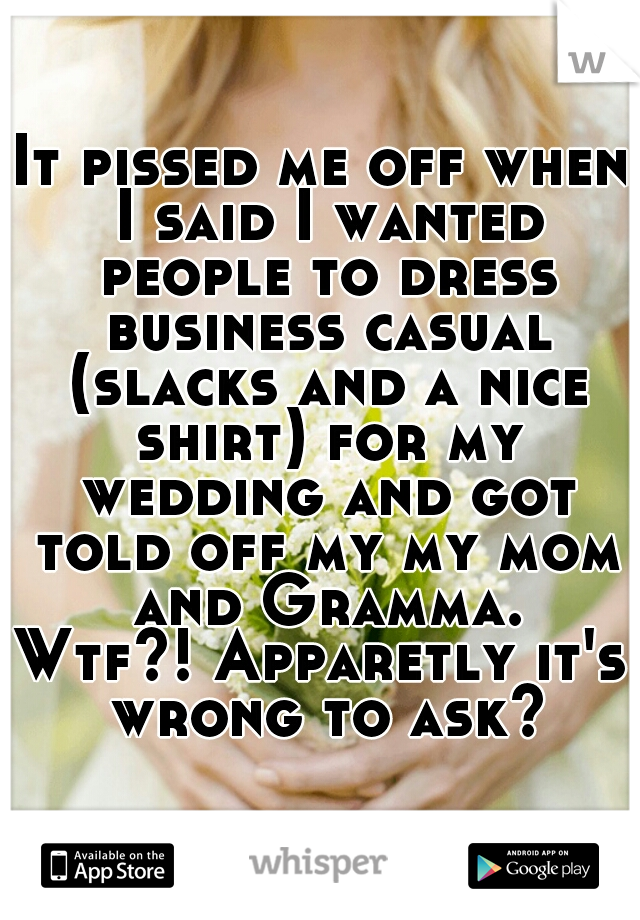 It pissed me off when I said I wanted people to dress business casual (slacks and a nice shirt) for my wedding and got told off my my mom and Gramma.
Wtf?! Apparetly it's wrong to ask?