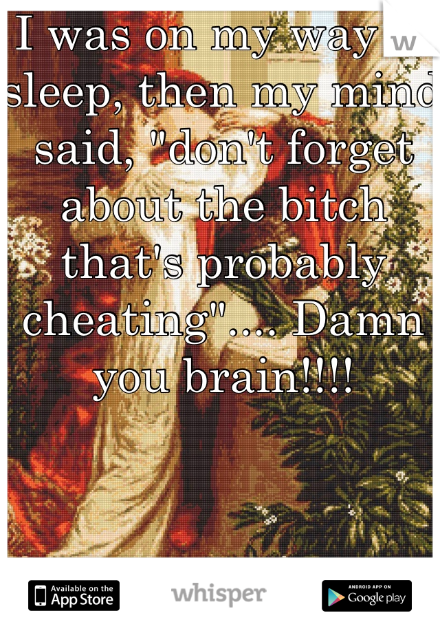 I was on my way to sleep, then my mind said, "don't forget about the bitch that's probably cheating".... Damn you brain!!!!