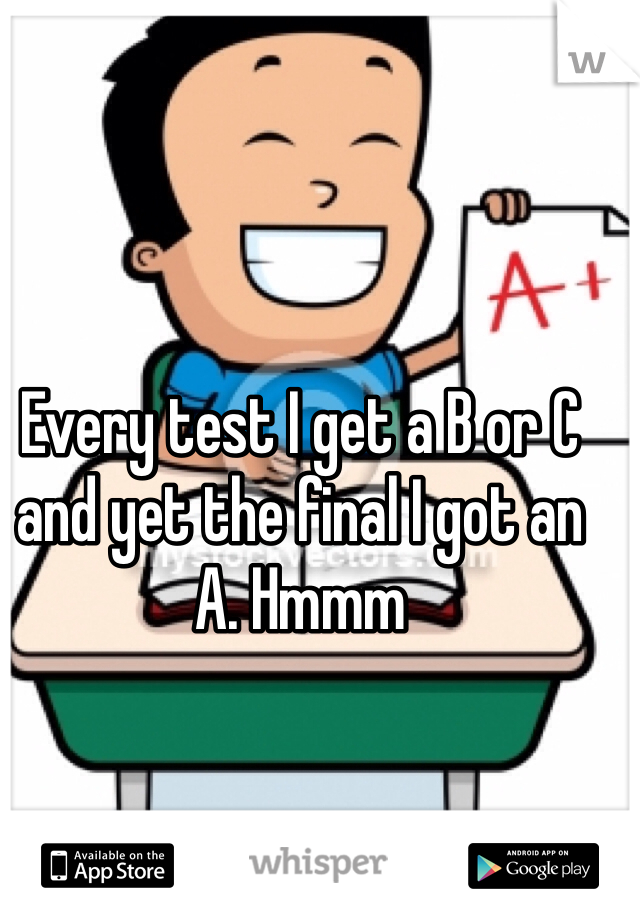 Every test I get a B or C and yet the final I got an A. Hmmm 