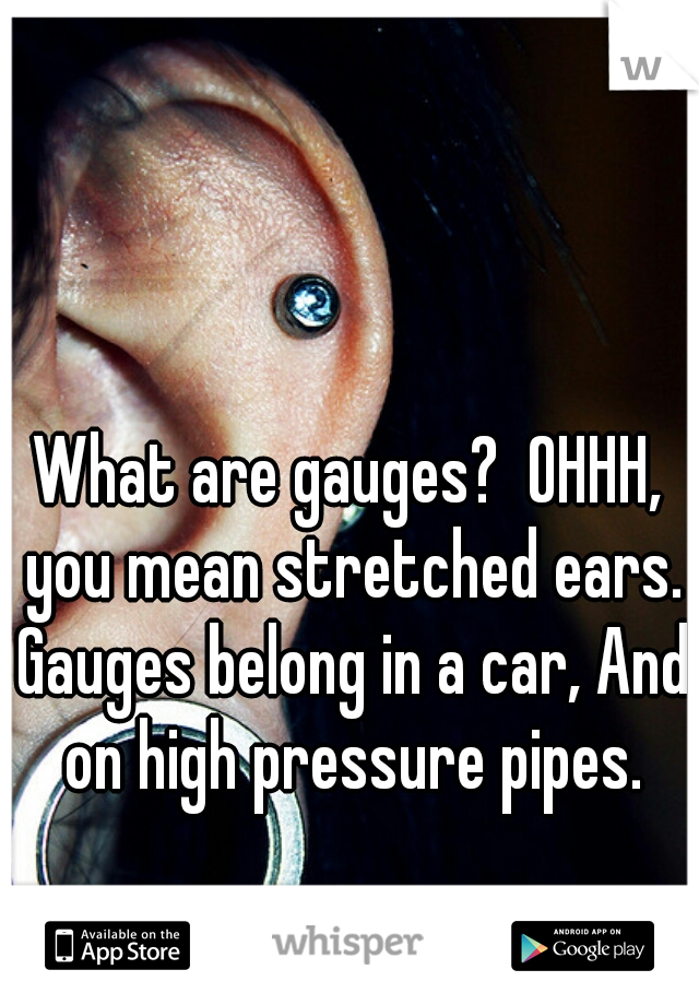 What are gauges?  OHHH, you mean stretched ears. Gauges belong in a car, And on high pressure pipes.