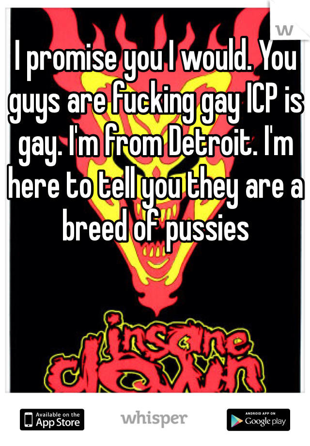 I promise you I would. You guys are fucking gay ICP is gay. I'm from Detroit. I'm here to tell you they are a breed of pussies 