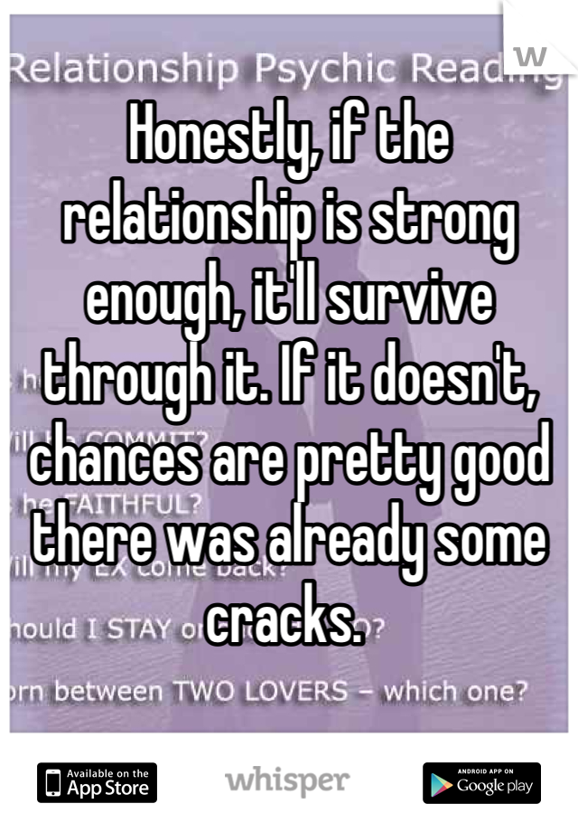 Honestly, if the relationship is strong enough, it'll survive through it. If it doesn't, chances are pretty good there was already some cracks. 