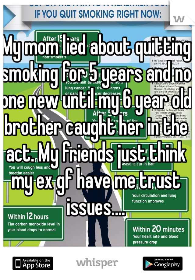 My mom lied about quitting smoking for 5 years and no one new until my 6 year old brother caught her in the act. My friends just think my ex gf have me trust issues....