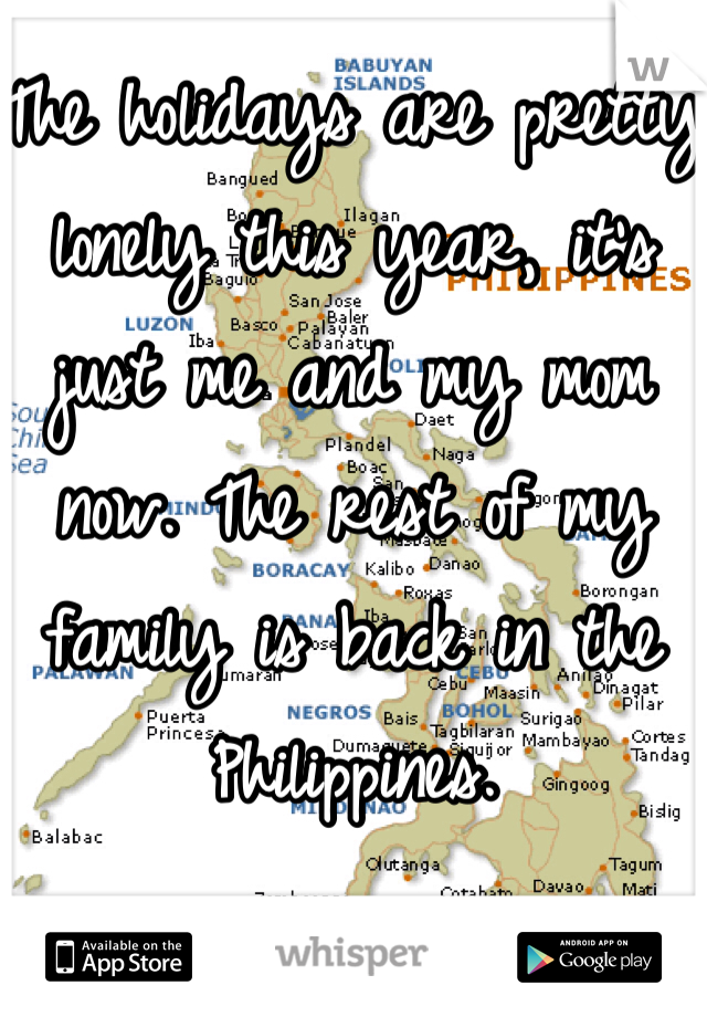 The holidays are pretty lonely this year, it's just me and my mom now. The rest of my family is back in the Philippines. 