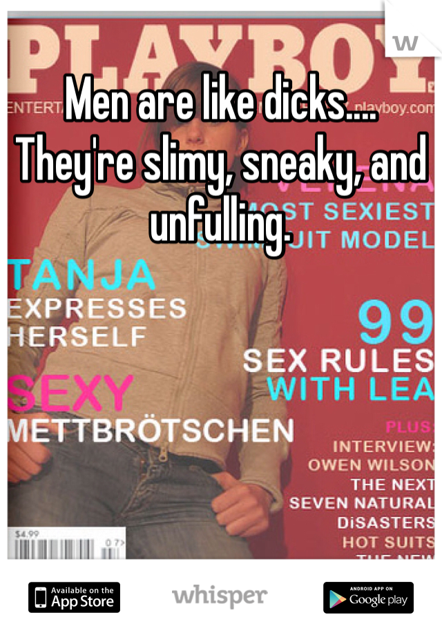 Men are like dicks.... They're slimy, sneaky, and unfulling. 