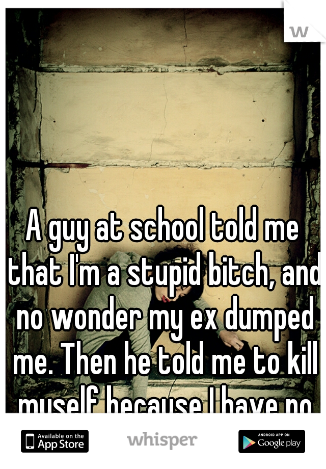 A guy at school told me that I'm a stupid bitch, and no wonder my ex dumped me. Then he told me to kill myself because I have no future.