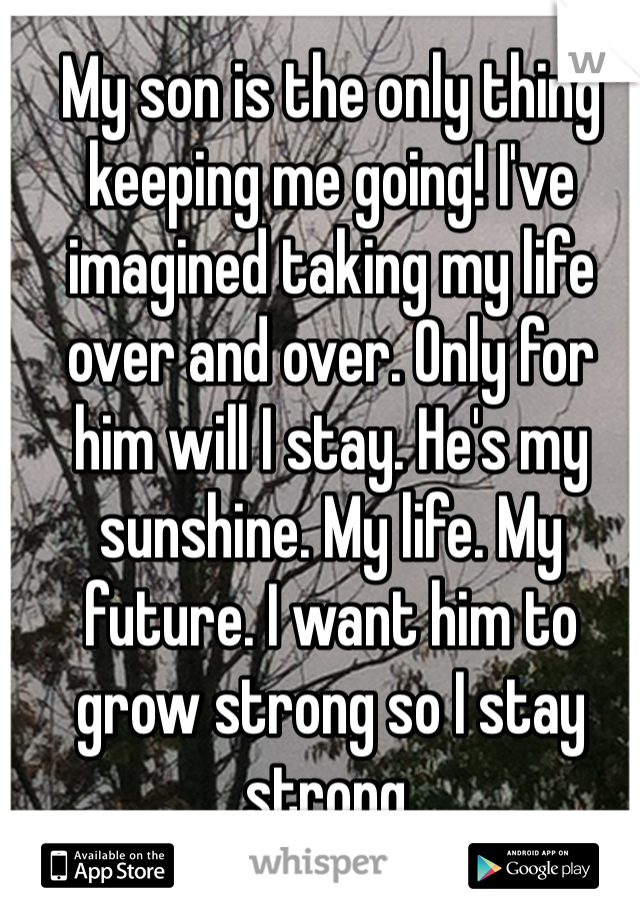 My son is the only thing keeping me going! I've imagined taking my life over and over. Only for him will I stay. He's my sunshine. My life. My future. I want him to grow strong so I stay strong.