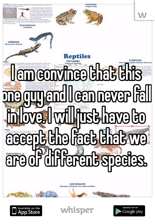 I am convince that this one guy and I can never fall in love. I will just have to accept the fact that we are of different species. 