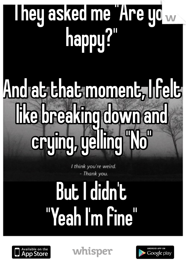They asked me "Are you happy?"

And at that moment, I felt like breaking down and crying, yelling "No"

But I didn't
"Yeah I'm fine"