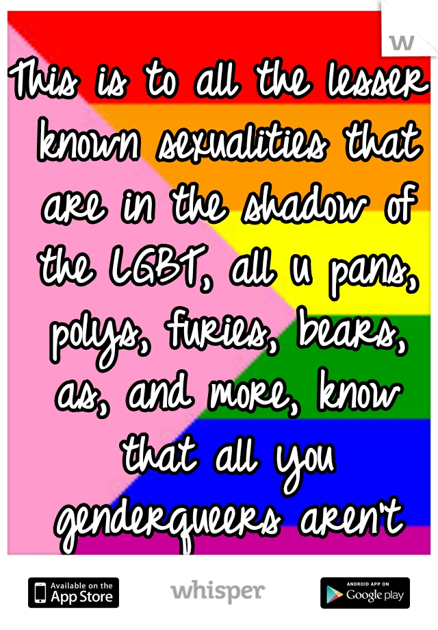 This is to all the lesser known sexualities that are in the shadow of the LGBT, all u pans, polys, furies, bears, as, and more, know that all you genderqueers aren't forgotten ^.^  