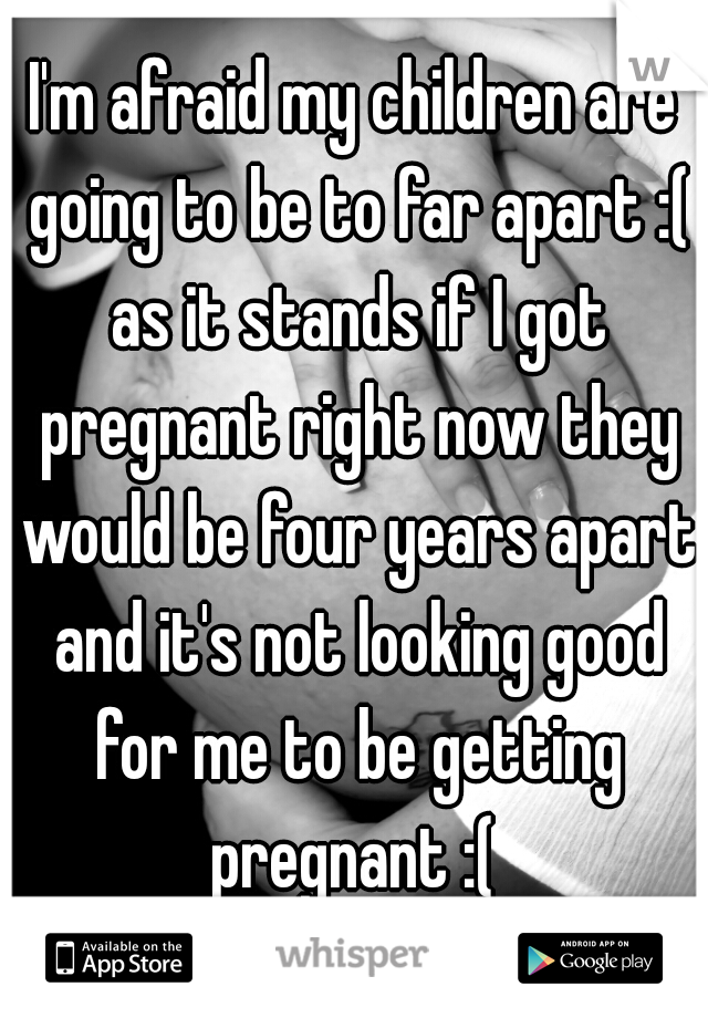 I'm afraid my children are going to be to far apart :( as it stands if I got pregnant right now they would be four years apart and it's not looking good for me to be getting pregnant :( 