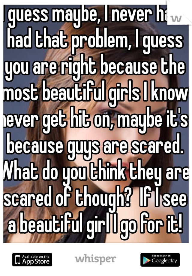 I guess maybe, I never have had that problem, I guess you are right because the most beautiful girls I know never get hit on, maybe it's because guys are scared. What do you think they are scared of though?  If I see a beautiful girl I go for it! 