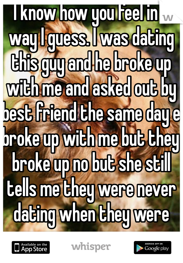 I know how you feel in a way I guess. I was dating this guy and he broke up with me and asked out by best friend the same day e broke up with me but they broke up no but she still tells me they were never dating when they were