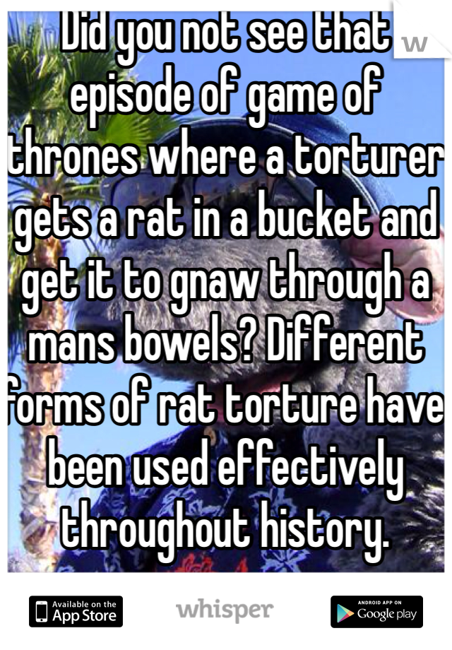 Did you not see that episode of game of thrones where a torturer gets a rat in a bucket and get it to gnaw through a mans bowels? Different forms of rat torture have been used effectively throughout history.