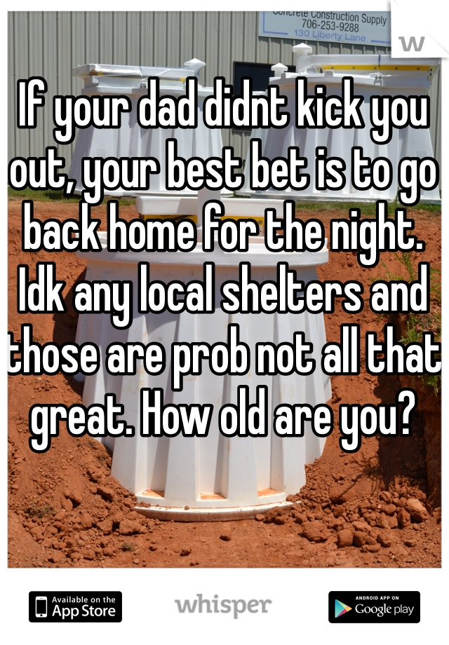 If your dad didnt kick you out, your best bet is to go back home for the night. Idk any local shelters and those are prob not all that great. How old are you?