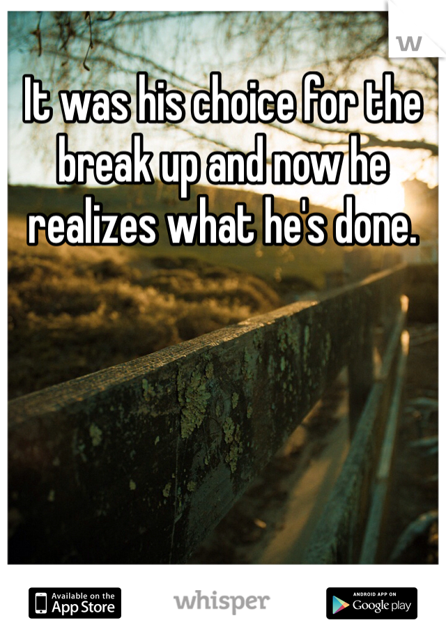 It was his choice for the break up and now he realizes what he's done. 