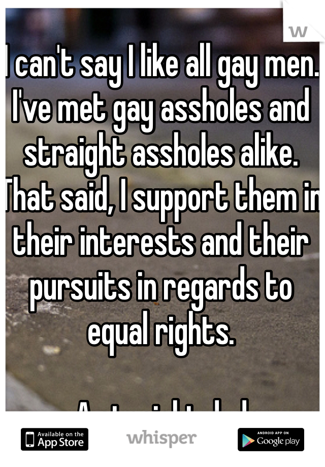 I can't say I like all gay men. I've met gay assholes and straight assholes alike. That said, I support them in their interests and their pursuits in regards to equal rights.

-A straight dude