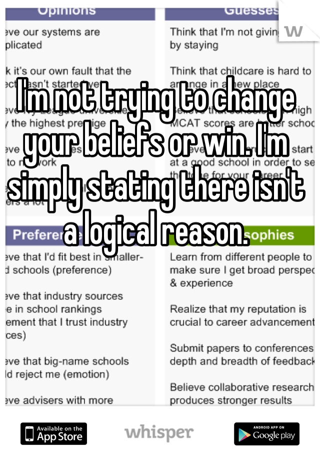 I'm not trying to change your beliefs or win. I'm simply stating there isn't a logical reason.