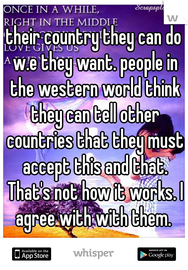 their country they can do w.e they want. people in the western world think they can tell other countries that they must accept this and that. That's not how it works. I agree with with them. 