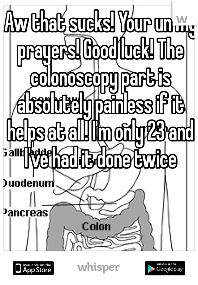 Aw that sucks! Your un my prayers! Good luck! The colonoscopy part is absolutely painless if it helps at all! I'm only 23 and I've had it done twice