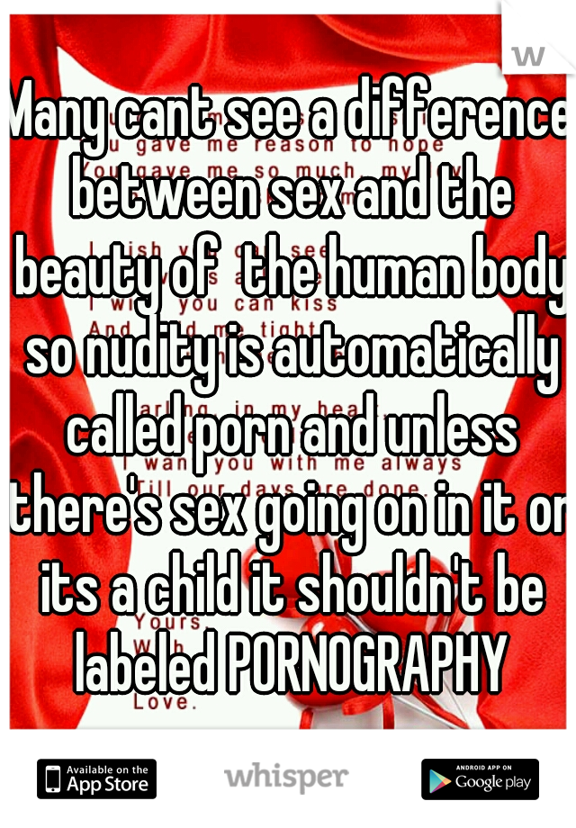 Many cant see a difference between sex and the beauty of  the human body so nudity is automatically called porn and unless there's sex going on in it or its a child it shouldn't be labeled PORNOGRAPHY