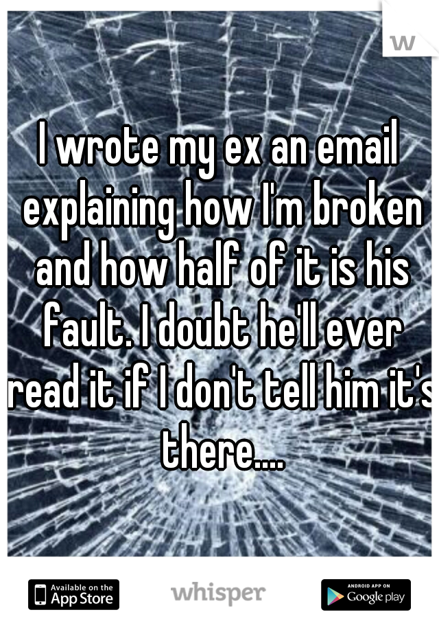 I wrote my ex an email explaining how I'm broken and how half of it is his fault. I doubt he'll ever read it if I don't tell him it's there....