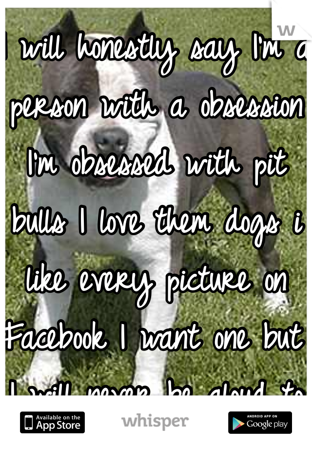 I will honestly say I'm a person with a obsession I'm obsessed with pit bulls I love them dogs i like every picture on Facebook I want one but I will never be aloud to own one 