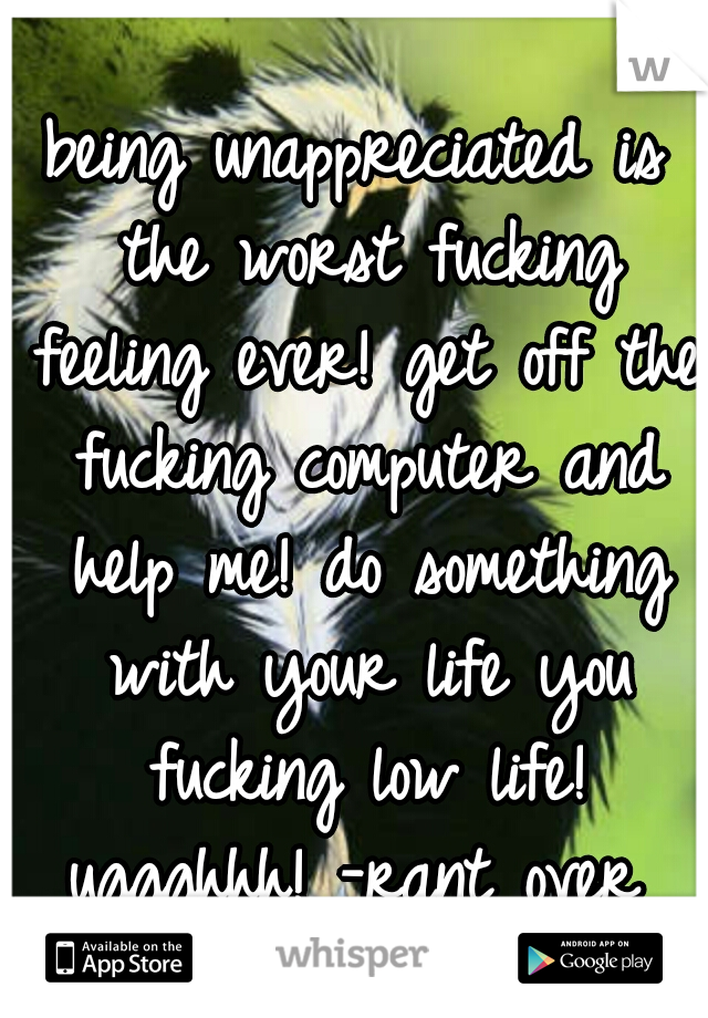 being unappreciated is the worst fucking feeling ever! get off the fucking computer and help me! do something with your life you fucking low life! uggghhh! -rant over 