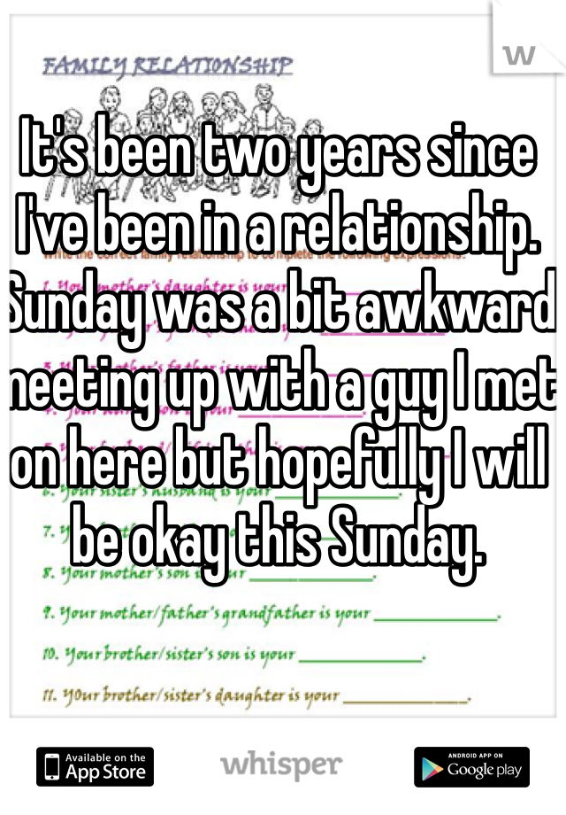 It's been two years since I've been in a relationship. Sunday was a bit awkward meeting up with a guy I met on here but hopefully I will be okay this Sunday. 