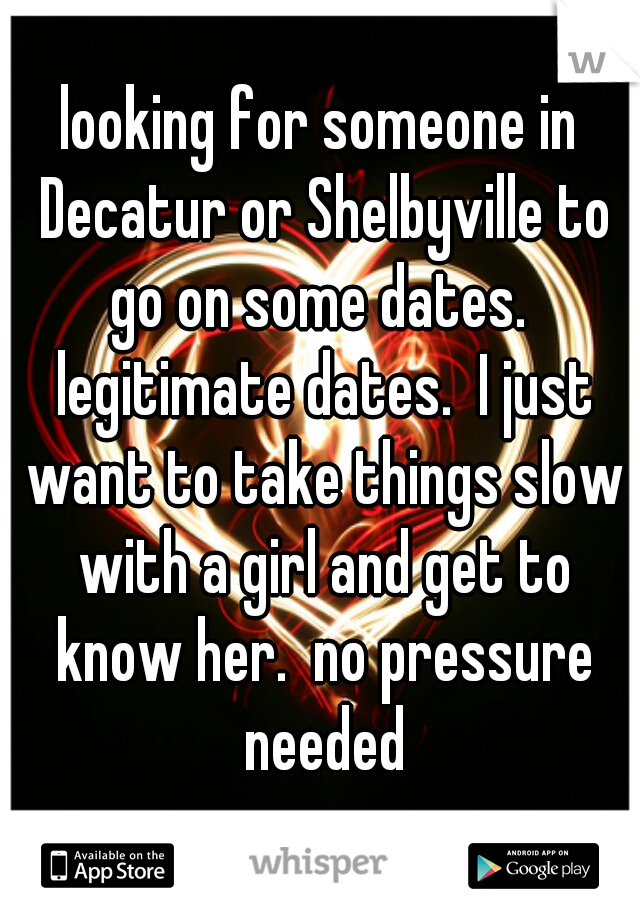 looking for someone in Decatur or Shelbyville to go on some dates.  legitimate dates.  I just want to take things slow with a girl and get to know her.  no pressure needed