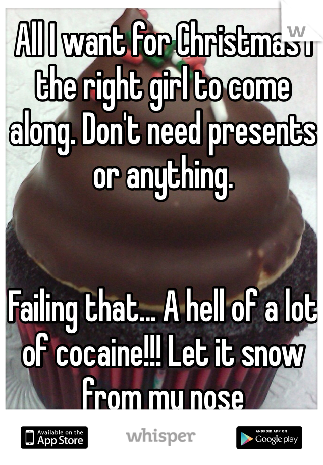 All I want for Christmas I the right girl to come along. Don't need presents or anything.


Failing that... A hell of a lot of cocaine!!! Let it snow from my nose