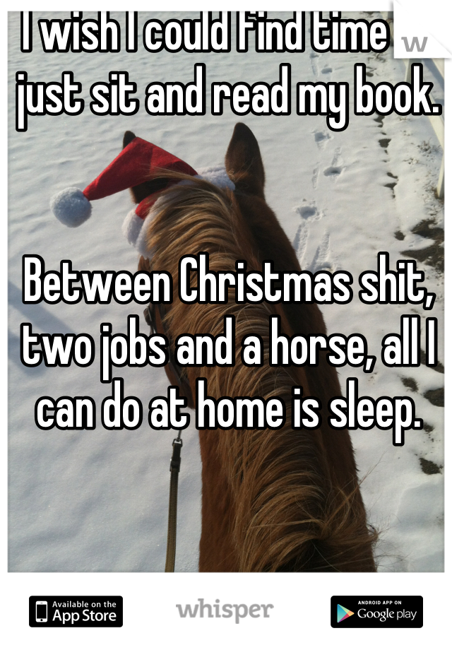 I wish I could find time to just sit and read my book. 


Between Christmas shit, two jobs and a horse, all I can do at home is sleep.