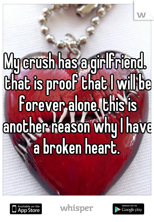 My crush has a girlfriend.  that is proof that I will be forever alone. this is another reason why I have a broken heart. 