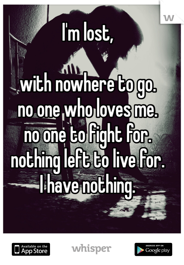 I'm lost,

with nowhere to go.
no one who loves me.
no one to fight for.
nothing left to live for.
I have nothing.
