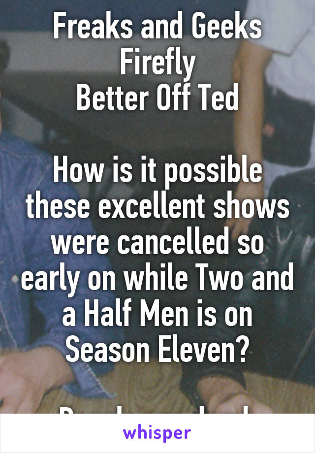 Freaks and Geeks
Firefly
Better Off Ted

How is it possible these excellent shows were cancelled so early on while Two and a Half Men is on Season Eleven?

People are dumb