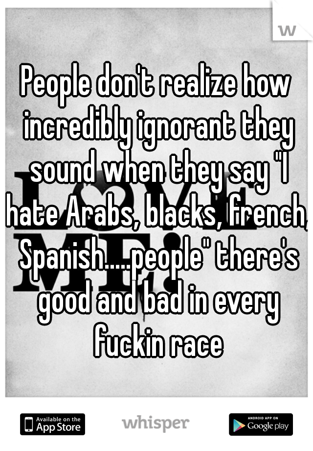 People don't realize how incredibly ignorant they sound when they say "I hate Arabs, blacks, french, Spanish.....people" there's good and bad in every fuckin race
