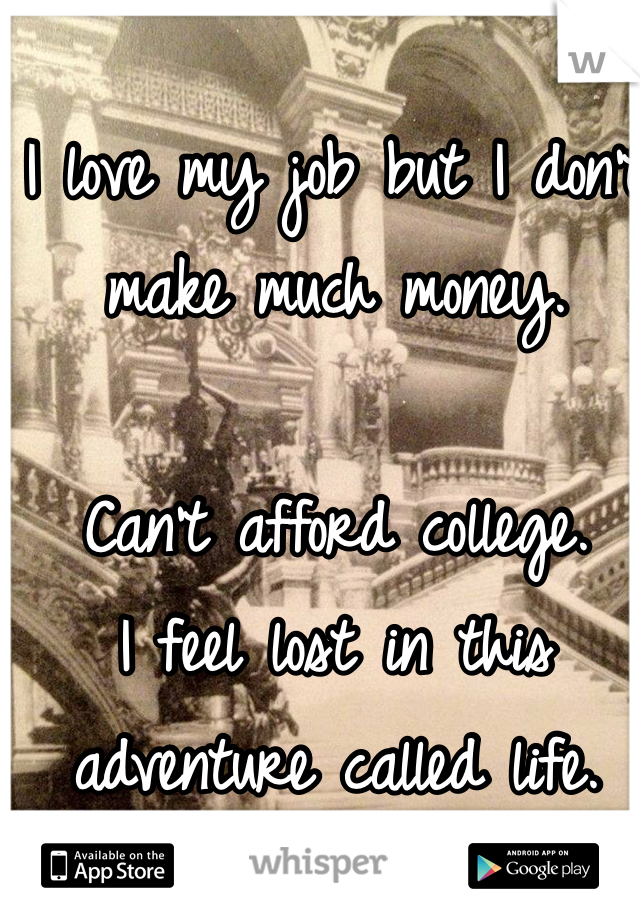 I love my job but I don't make much money. 

Can't afford college. 
I feel lost in this adventure called life. 