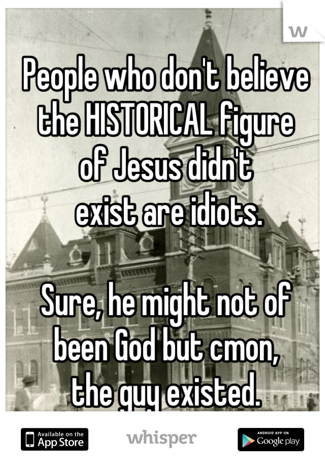 People who don't believe the HISTORICAL figure 
of Jesus didn't
 exist are idiots.

Sure, he might not of 
been God but cmon, 
the guy existed.
