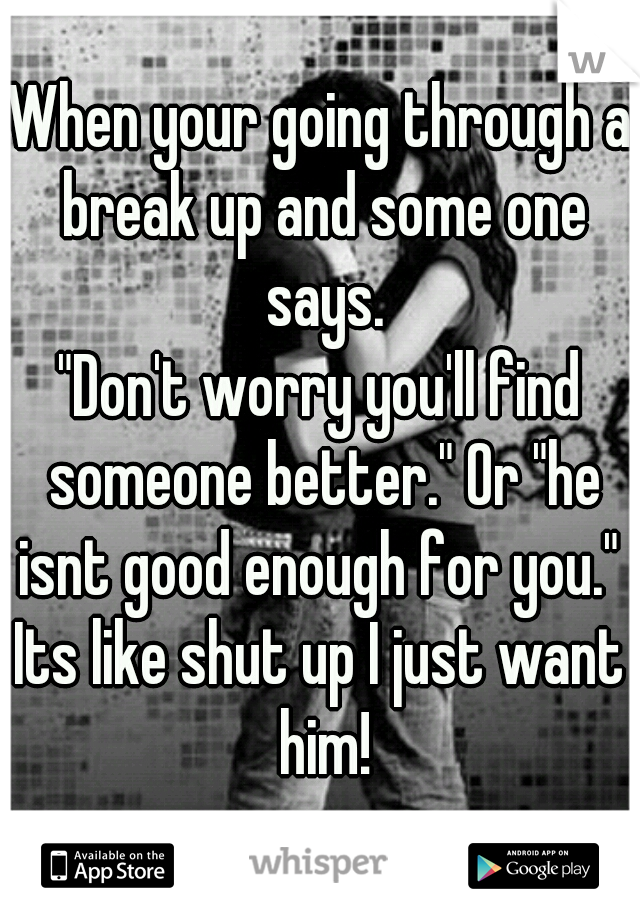 When your going through a break up and some one says.
"Don't worry you'll find someone better." Or "he isnt good enough for you." 
Its like shut up I just want him!
