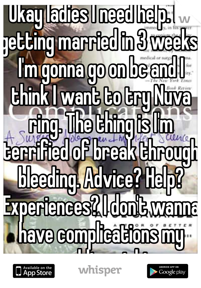 Okay ladies I need help. I'm getting married in 3 weeks. I'm gonna go on bc and I think I want to try Nuva ring. The thing is I'm terrified of break through bleeding. Advice? Help? Experiences? I don't wanna have complications my wedding night 