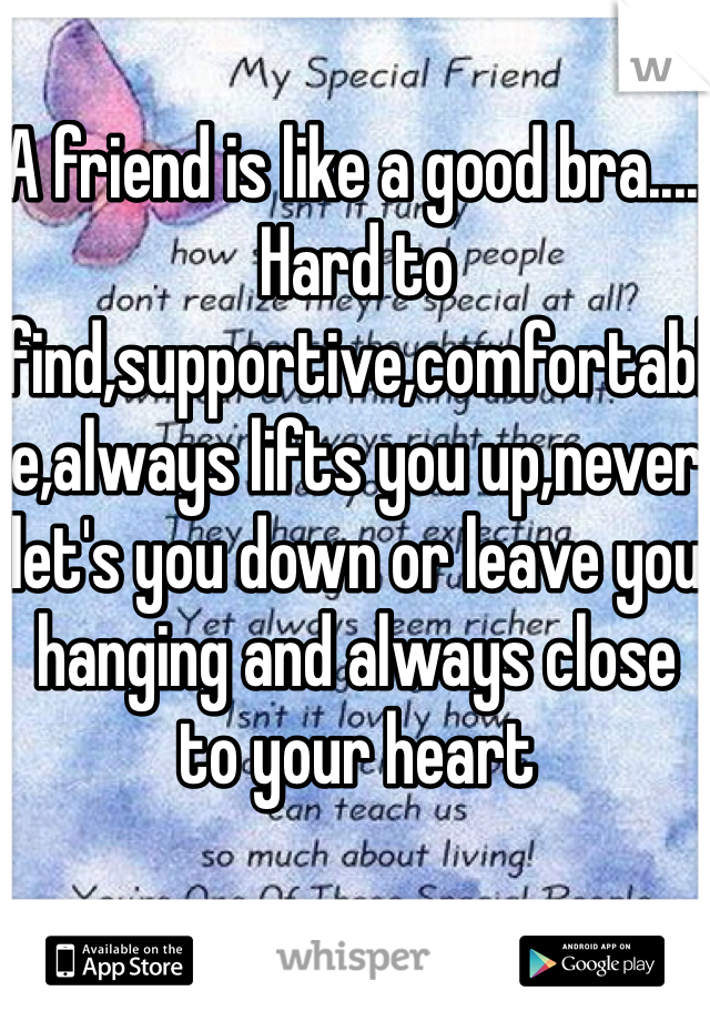 A friend is like a good bra.....
Hard to find,supportive,comfortable,always lifts you up,never let's you down or leave you hanging and always close to your heart 
