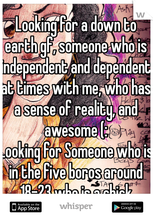 Looking for a down to earth gf, someone who is independent and dependent at times with me, who has a sense of reality, and awesome (: 
Looking for Someone who is in the five boros around 18-23 who is a chick 